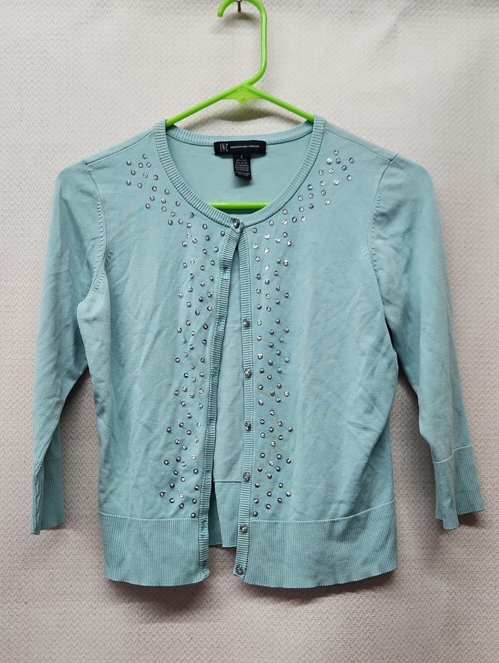 INC International Concepts Light Aqua Embellished Knit Top
